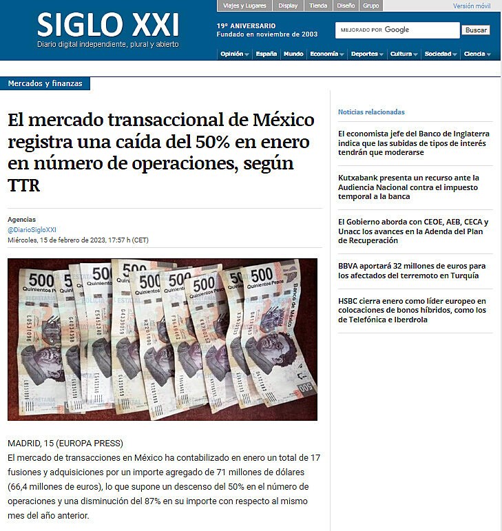 El mercado transaccional de Mxico registra una cada del 50% en enero en nmero de operaciones, segn TTR